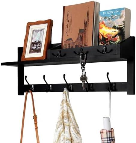 Exper City Coat Rack Wall Mount with Shelf, 26IN Wooden Coat Hanger Hooks Wall Mount with 8 Metal Hooks, Hanging Shelf with Hooks, Black