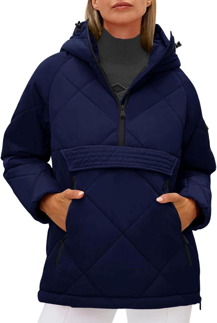 Cicy Bell Women's Quilted Puffer Pullover Jackets Oversized Half Zip Puffy Hooded Outerwear Warm Winter Coats (Large, Navy)