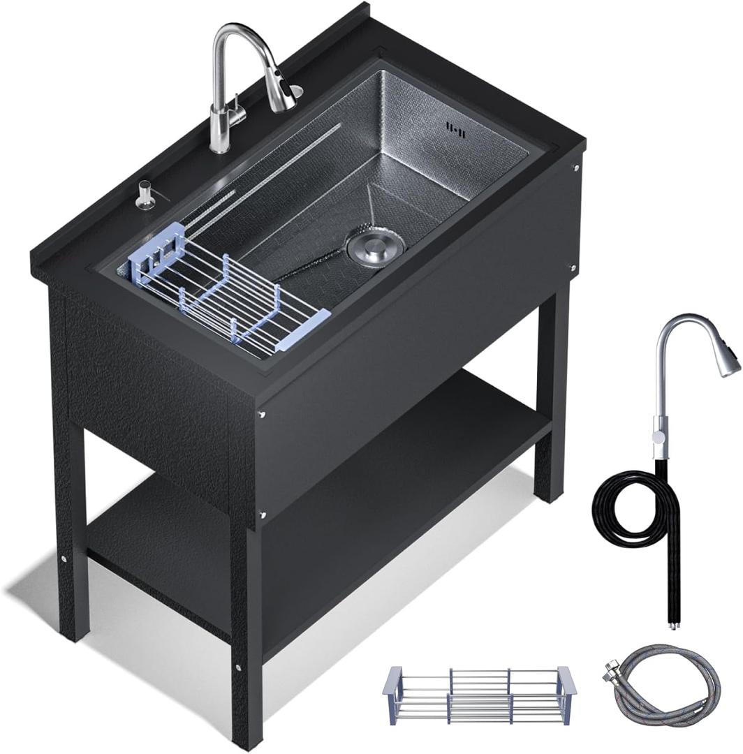 Pro 36 Stainless Steel Utility Sinks, Freestanding Rectangular Laundry Room Sinks, Upgrades Hoses and Drain Kit, Black Commercial Sink for Garage, Outdoor (Black Freestanding Utility Sink) (36 x 21 x 37)