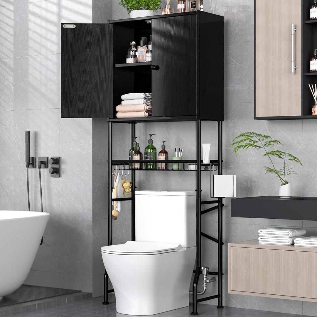 Over The Toilet Storage Cabinet - 2-Door Design Bathroom Organizers Shelf, Freestanding Space-Saver Above Toilet Storage Cabinet with Privacy Protection Rack, Water-Resistant Toilet Shelves (Black)