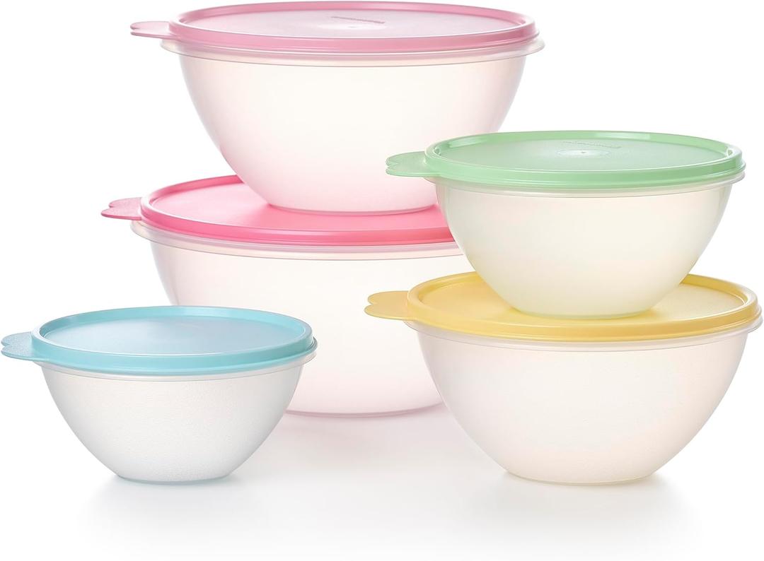 Tupperware Heritage Wonderlier 10 Piece Food Storage Bowl Set in Vintage Colors, Dishwasher Safe and BPA Free (5 Containers, 5 Lids) (Clear)