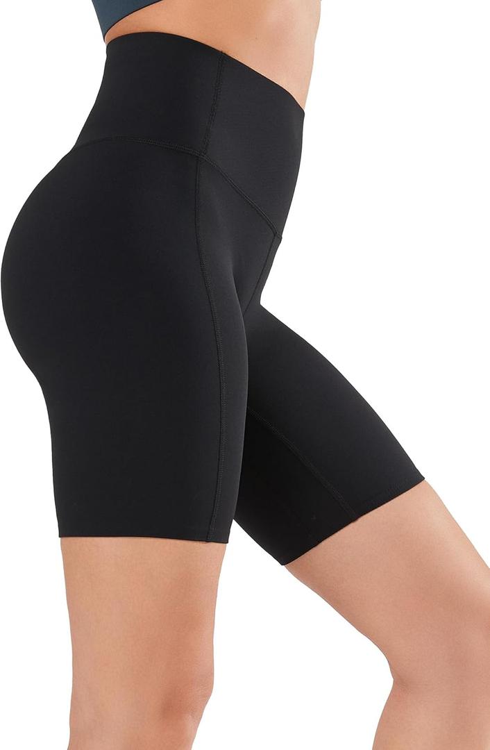 Yvette Biker Shorts for Women High Waisted Tummy Control 8" Workout Gym Tennis Running Yoga Shorts (Black, L)