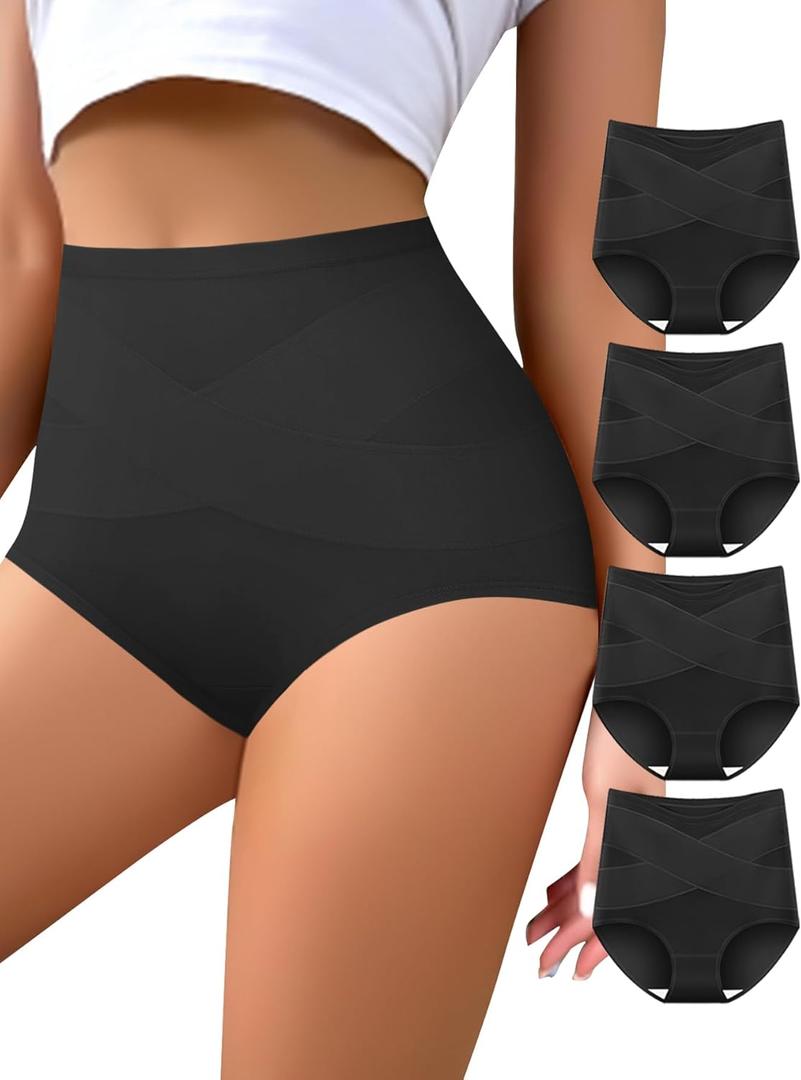 Women's High Waisted Underwear Slightly Tummy Control Cotton Panties Full Coverage Postpartum Briefs 4 Pack (Black, S)