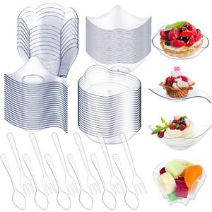 Tessco 200 Pcs Mini Appetizer Plates with Spoons Forks Disposable Mini Dessert Plates Plastic Appetizer Bowls Tiny Individual Serving Trays for Party(Clear, Modern)