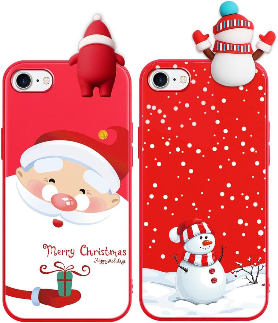 RUMDEY 2 Pack Cute Christmas Case for iPhone 8/7/SE 2020/SE 2022",Red 3D Doll Santa Snowman Merry Christmas Pattern Soft Silicone TPU Pretty Flexible Protective Funda for Kid Girls Women