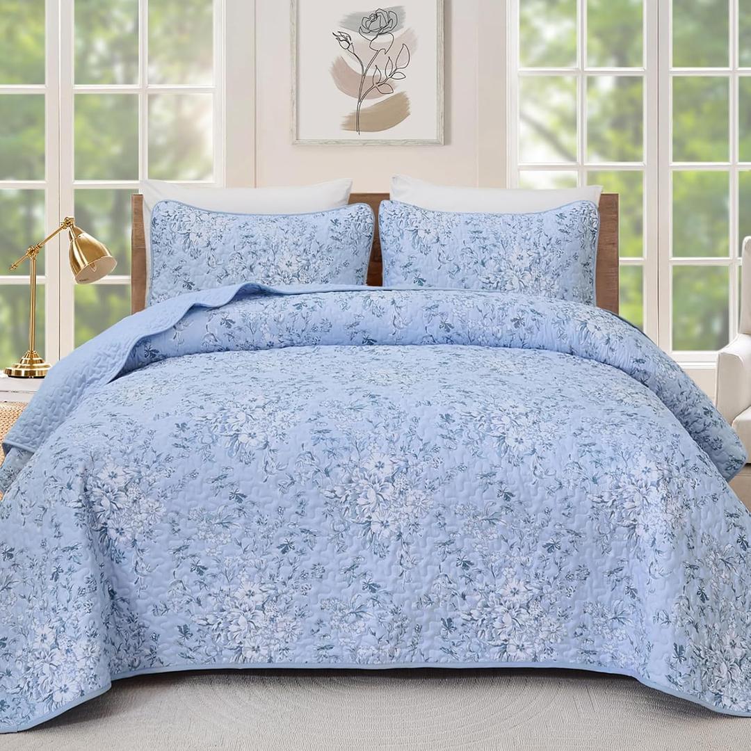 WONGS BEDDING Botanical King Quilt Bedding Set, Soft Blue Bedspread | Floral Printed, Polyester Coverlet, Breathable All-Season, Fits King 110"x90", Perfect for Bedroom Guest Room Home Decor