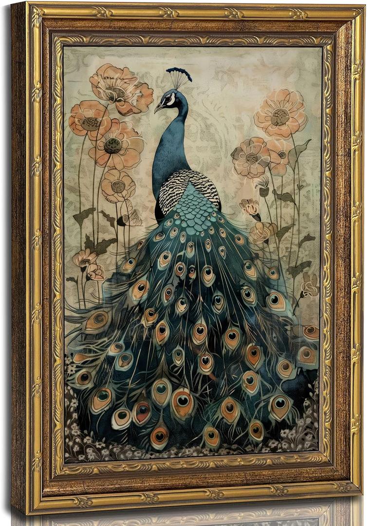 Vintage Gold Framed Peacock & Poppy Canvas Wall Art-16x24 inch | Bird Floral Picture Wall Decor Poster Print Artwork for Bedroom Living Room Home Decoration