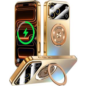 Togotomars for iPhone 17 Pro Max Case with Spin Magnetic Stand [Integrated Camera Cover] [Fit for MagSafe] Slim Shockproof Protection Phone case with Kickstand 6.9'', Gold