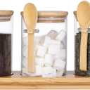 Glass Spice Storage Container with Spoon, 3PCS 20oz Airtight Sealed Condiment Jar with Tray, Kitchen Pantry Seasoning Canister Set for Salt Coffee Sugar Tea & Bathroom Cotton Swab Ball