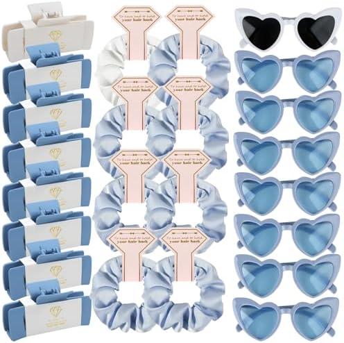 Bridesmaid Scrunchies Proposal Gifts 4.1inch square Hair Claws Bachelorette Hair Clip heart sunglasses Girls gift for Wedding Party Favors (White&Dusty Blue)