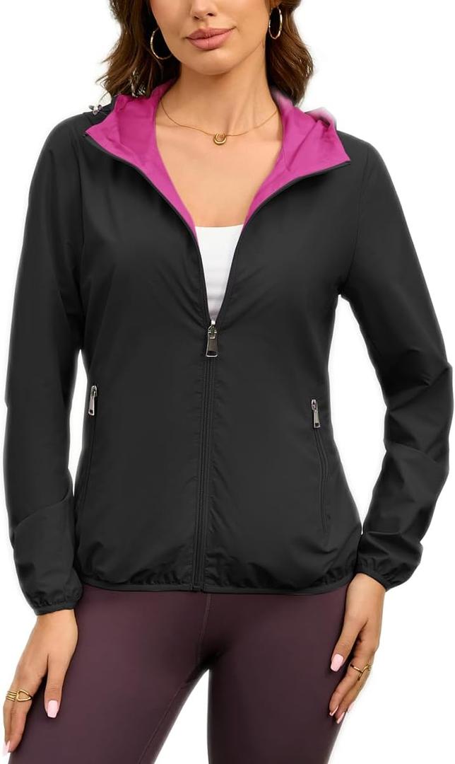 Womens Reversible Rain Jacket Lightweight Waterproof Windbreaker Jacket Outdoor Active Portable Raincoat (Large, Black&rose)