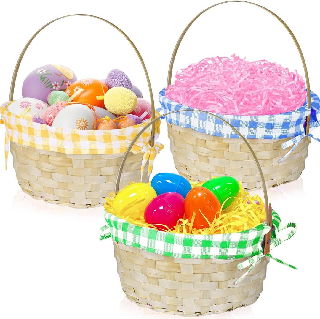 3 PCS Easter Bamboo Baskets with Plaid Lining and Handle Easter Bunny Gifts for Easter Egg Hunt, Kids Party Treats, Filling with Party Favors, Spring Party Favors, Outdoor Activity Prizes
