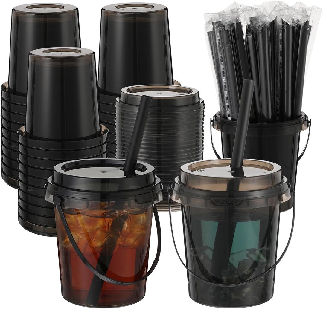 30 Set 24 oz Drink Buckets with Lids and Straws Disposable Clear Rum Plastic Drinking Cocktail Bucket with Handles for Beverage Coffee Lemonade Pool Picnic Party Supplies (Black)