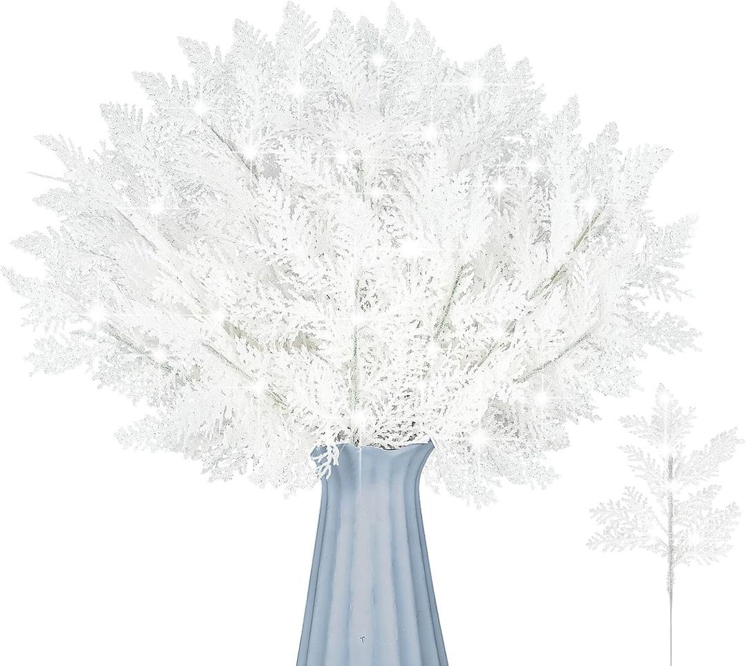 Cindeer 100 Pcs Christmas Tree Picks Sprays 10.2 Inch Glitter Artificial Pine Leaves Cedar Stem Faux Pine Needles Greenery Cedar Branches Ornament for Home Garland Wreath Winter Decor(White)