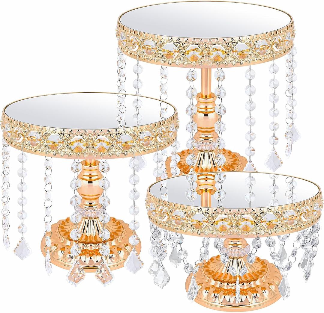 3 PCS Round Cake Stand with Crystal Bling Pendants European Style Lace Cake Plate Golden Premium Display Stand with Crystal Bling Pendants Dessert Showcase Set for Birthday Parties,Wedding,Banquet