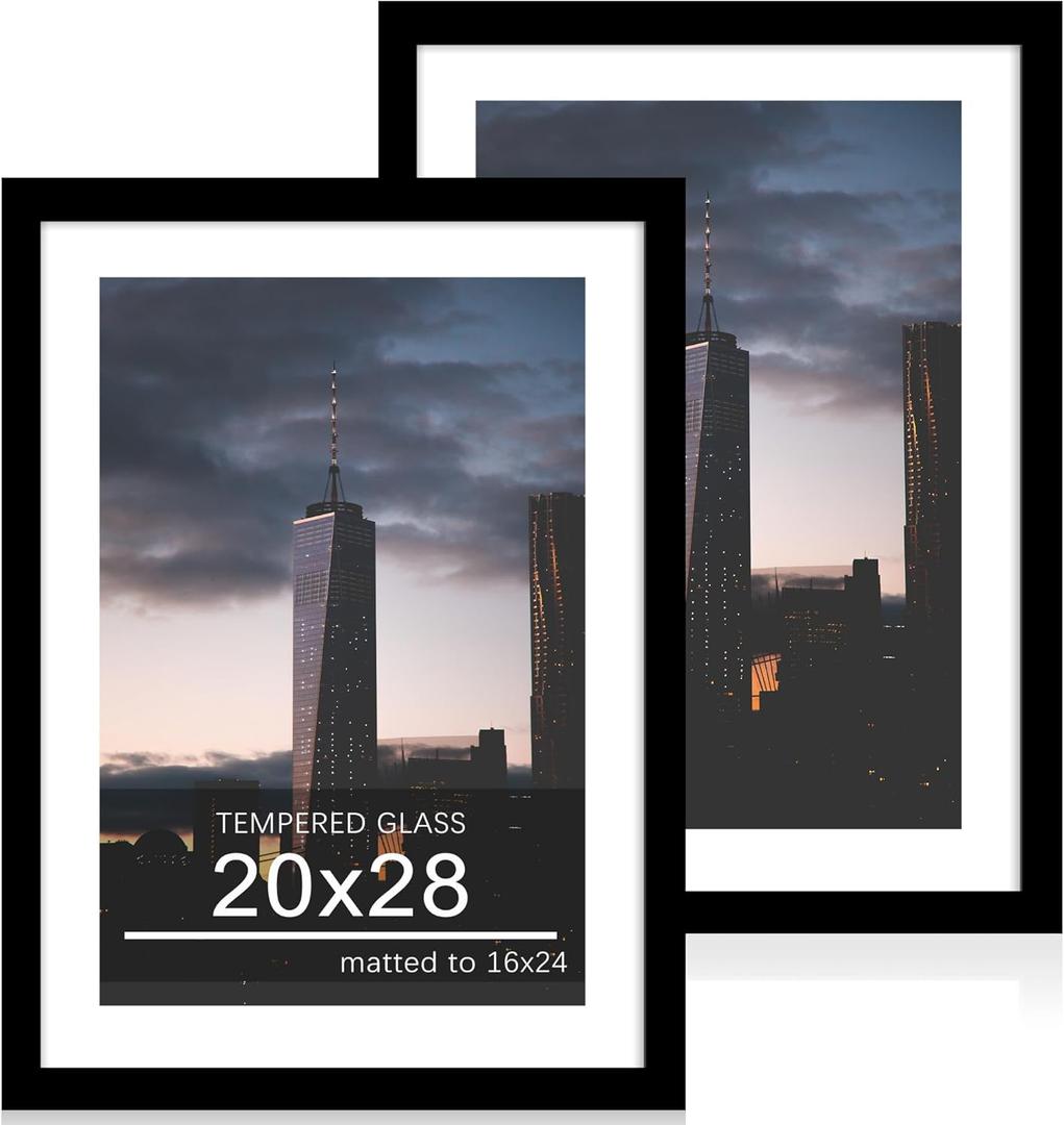 20x28 Poster Frame Set of 2, 20 x 28 Wood Picture Frames with Mat for 16x24, Wooden Photo Frame with Tempered Glass Cover for Wall Mounting Display, Black, 20x28-2Pack