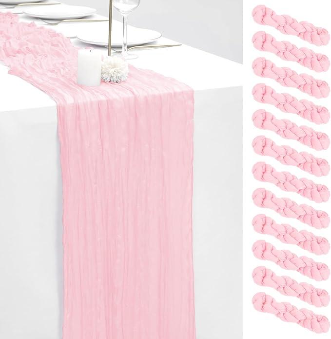 12 Pack Light Pink 20x120 Inch Cheesecloth Table Runner 10FT Boho Gauze Rustic Gauze Cheese Cloth Table Runners for Wedding Party Baby Shower Birthday Banquet Spring Decor