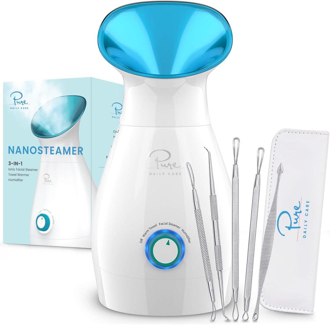 Pure Daily Care NanoSteamer Large 3-in-1 Nano Ionic Facial Steamer with Precise Temp Control - Humidifier - Unclogs Pores - Blackheads - Spa Quality