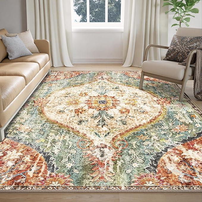 2x3 Rug, Washable Vintage Boho Carpet, Non Slip Low Pile Water Repellent Soft Print Pattern Indoor Rug for Living Room & Bedroom, Beige Red Green
