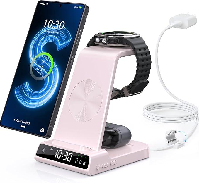 Wireless Charger for Samsung Charging Station with Clock for Samsung Galaxy S25 Ultra/S24 Ultra/Z Flip 6/5/Fold 5/Bud 2, 3 in 1 Charging Station Watch Charger for Samsung Galaxy Watch 7/6/5Pro(Pink)