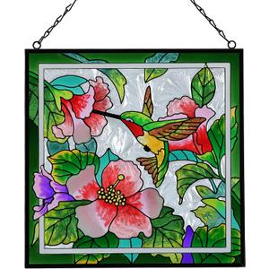 Stained Glass Window Hanging, Hand-Painted Suncatcher with Chain, Sunflower Butterfly and Hummingbird Hibiscus, Round, 7 Inch, Nature Theme, Home Decor Gift (Hummingbird)