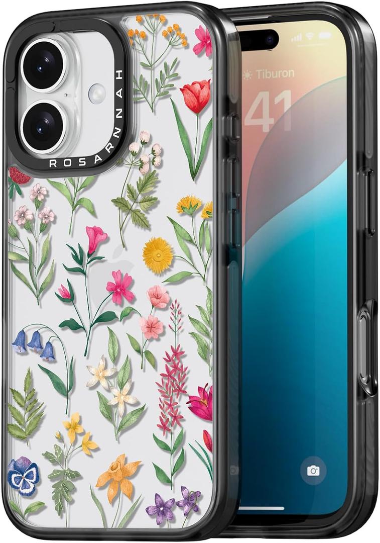 Compatible for iPhone 16 Case Cute - Durable Shockproof 6.6 ft Drop Impact Phone Case - Black Funny Nature Flower Design for iPhone 16 6.1"
