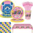 121PCS Girls Birthday Party Supplies - Pink Happy Birthday Cartoon Teacher Plates and Napkins Set with Tablecloth, Cups, Forks Disposable Girls Party Decoration for 24 Guests