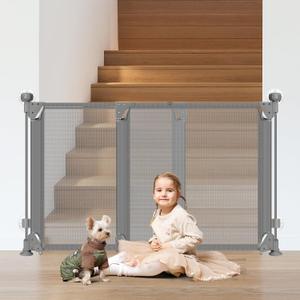 No Drill Baby Gate for Stairs No Bottom Bar, 34-55 Walk Through Baby Gate with Large Walk Thru Door, Expandable Dog Gate Indoor Punch Free Pet Gate for Doorways Mesh Child Gate, Gray