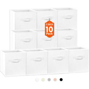 Criusia Storage Cubes, 11 Inch Cube Storage Bins for Shelves Closet Nursery Bedroom - 10 Pack Collapsible Baskets with Handles - Fabric Bins for Organizing Clothes Blanket Toys (White)
