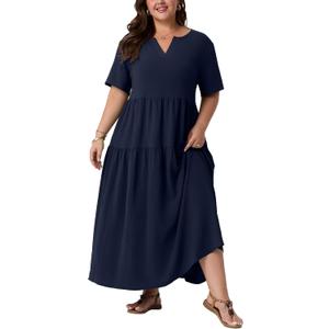 OLRIK Plus Size Maxi Dresses for Curvy Women - Flowy Boho Summer Dress with Pockets, V-Neck Short Sleeve for Beach Vacation (Blue, XXL)