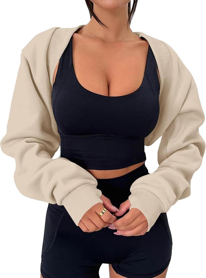 MISSACTIVER Women's Long Sleeve With Thumb Hole Bolero Shrug Top Open Front Fleece Loose Fit Cropped Shawl Sweatshirt Workout (Apricot) S