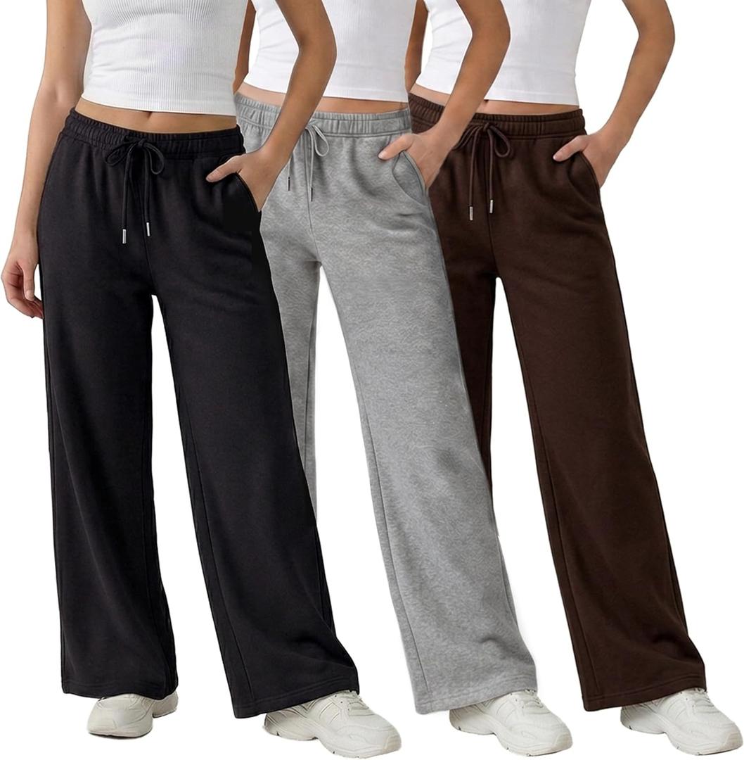 Common Stitch 3 Pack Wide Leg Fleece Lounge Sweatpants for Women Deep Pockets, Relaxed Fit, Elastic Drawstring Waist, Size L