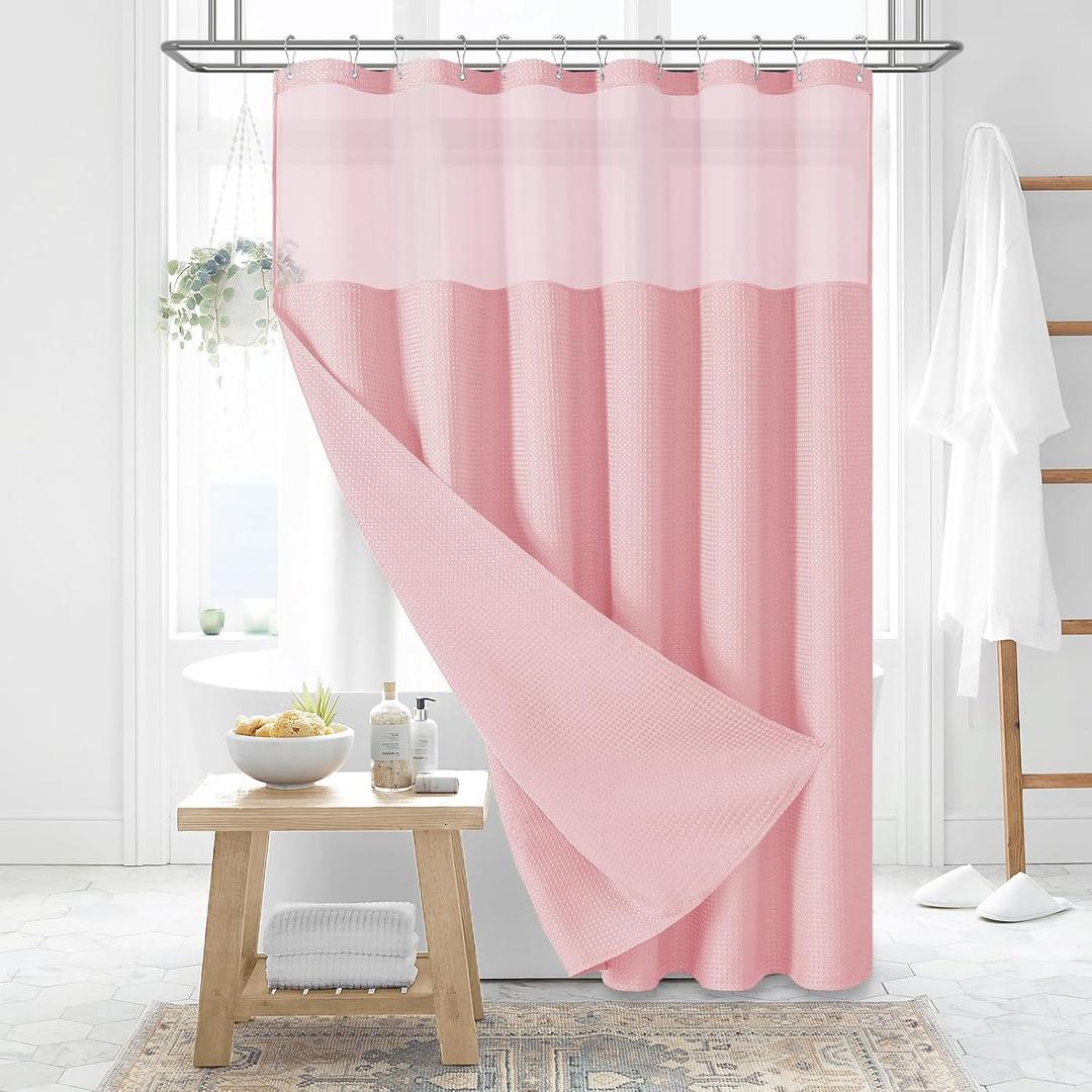 Dynamene Fabric Shower Curtain with Snap in Liner, Pink Waffle Hotel Shower Curtains for Bathroom, Washable Waterproof Cloth Shower Curtain Liner Set with Plastic Hook, Mesh Top Window, 72x72, Pink