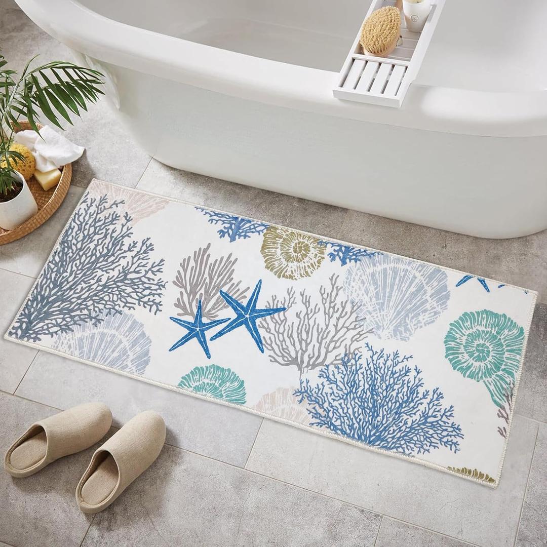 Coastal Beach Bathroom Rug - 16"x47"Nautical Non-Slip Mat with Seashell Decor for Bathrooms Long Soft Plush Sea Ocean Runner Rugs