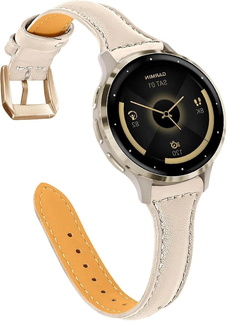 18mm Slim Leather Band Quick Release Compatible with Garmin Venu 3S 41mm/Venu 4 41mm/Venu 2S/Vivoactive 4S/Vivomove 3S/Forerunner 255S/Forerunner 265S (Beige/Rose Gold)