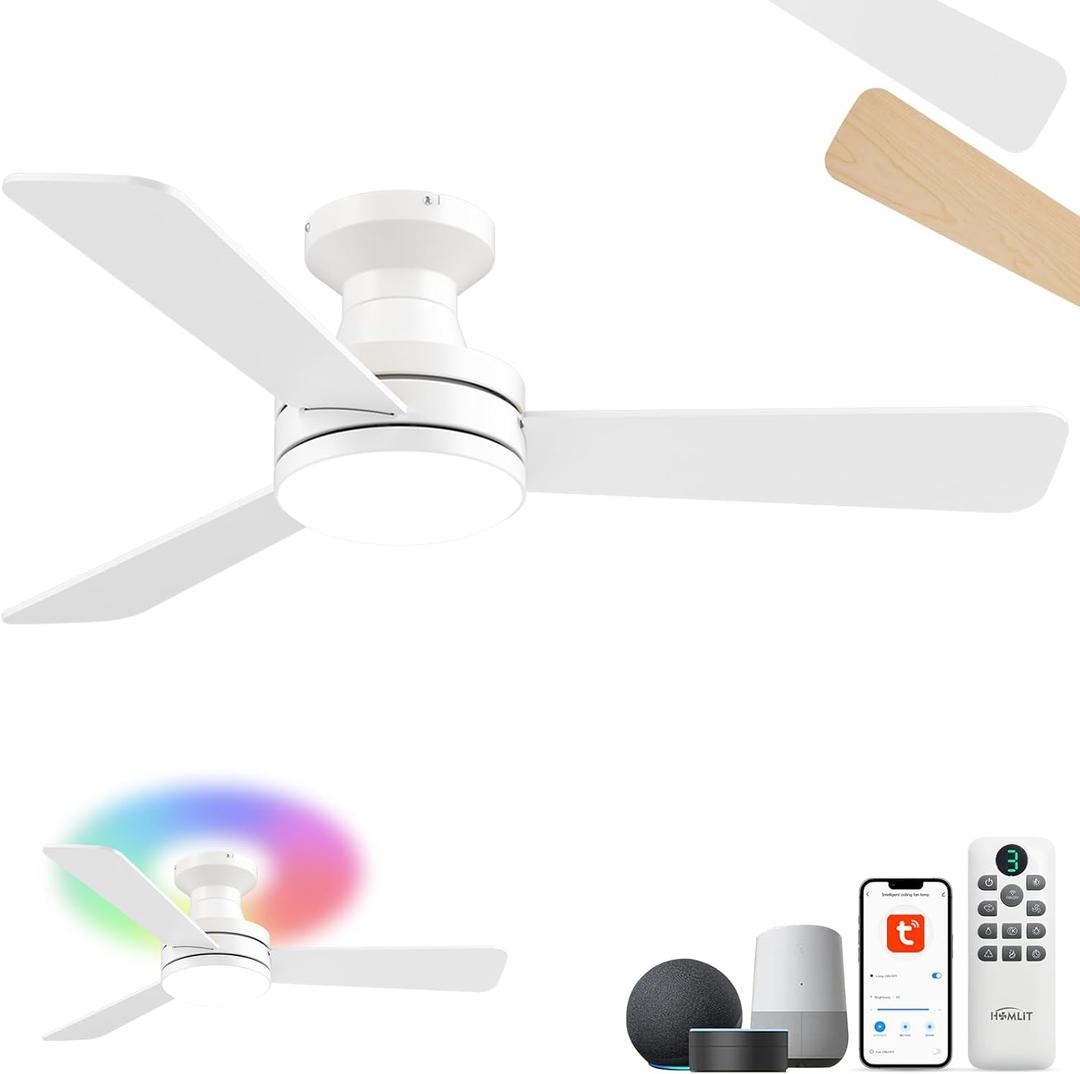 42" RGB Ceiling Fan with Light, Music Sync Smart Fan with Alexa/Google/App Control, Low Profile Flush Mount, 6-Speed Quiet DC Motor, 4 CCT Dimmable Lighting for Bedroom Living Room, White