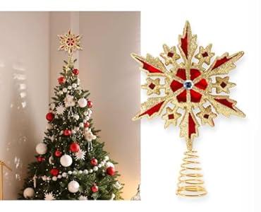 Christmas Traditions 8 inch Red Velvet+Gold Glittered Filigree Snowflake Christmas Tree Topper/ Home Décor Ornaments (Red Velvet+Gold)