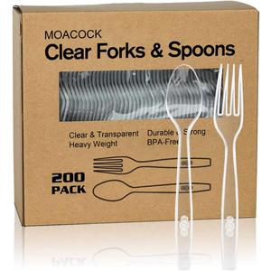 MOACOCK 200 Count Plastic Silverware, Heavy Weight Plastic Forks Spoons Disposable Utensils Cutlery Set for Wedding Party Supplies Everyday Use (Clear)