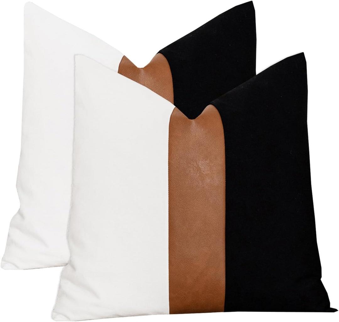 Set of 2 Black and White Modern Throw Pillow Cover Thick Faux Leather and Cotton Farmhouse Accent Cushion Cover for Couch Sofa Decorative Square Pillowcase 18x18 Inch, Black