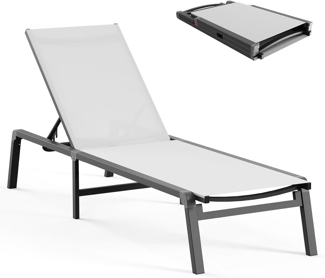 Aluminum Chaise Lounge Ourdoor - Foldable & Assemble Free Outdoor Lounge Chair with 5 Adjustable Backrest, Patio Lounge Chair for Outside Poolside Beach Pool, White (1 Pack)