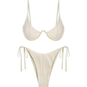 ZAFUL Women's Bikini Sets Ribbed Two Piece Swimsuits Underwire Adjustable Back Clasp Bathing Suit Side Tie Thong Swimwear (Beige) S