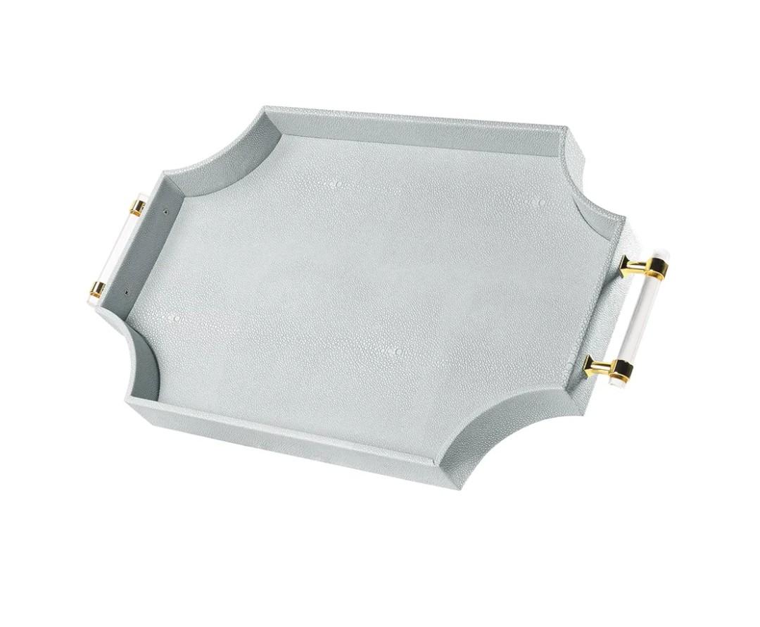 Shagreen Decorative Large Serving Platters Tray with Handles for Coffee Table Decor Modern Elegant Scalloped Ottoman Tray(Ice Blue, 22.6'' × 13'')
