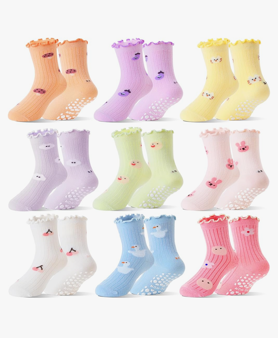 Baby Girls Toddlers Ruffle Grip Socks for Kids Non Slip Anti Skid Frilly Cute Funny Cotton Crew Grippers Socks, 9 Pairs