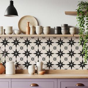 16 Pack, 5.9x5.9 Inch Star Compass Peel & Stick Tile Stickers Black-White Waterproof Removable Vinyl Backsplash Decals for Kitchen, Bathroom, Laundry, RV & Stair Risers (Beige)
