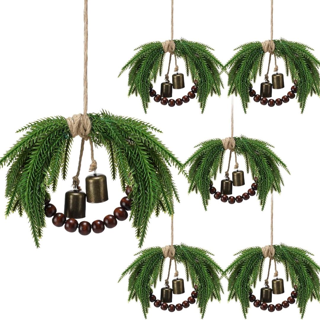 Dingion 6 Pcs Mini Christmas Wreath 8.6 Inch Small Norfolk Wreaths for Kitchen Cabinets Vintage Mini Wreath with Wood Bead Bell Rustic for Xmas Front Door Window Chair Farmhouse Decor