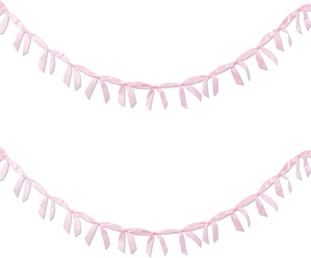 YKW 2 Pack Pink Ribbon Banner (8ft Each) - Party Decoration Garland for Bachelorette, Girls Night, Bridal Shower, Baby Shower, Birthday Celebration, Coquette Room Decor (Pink-Diagonal Cut)