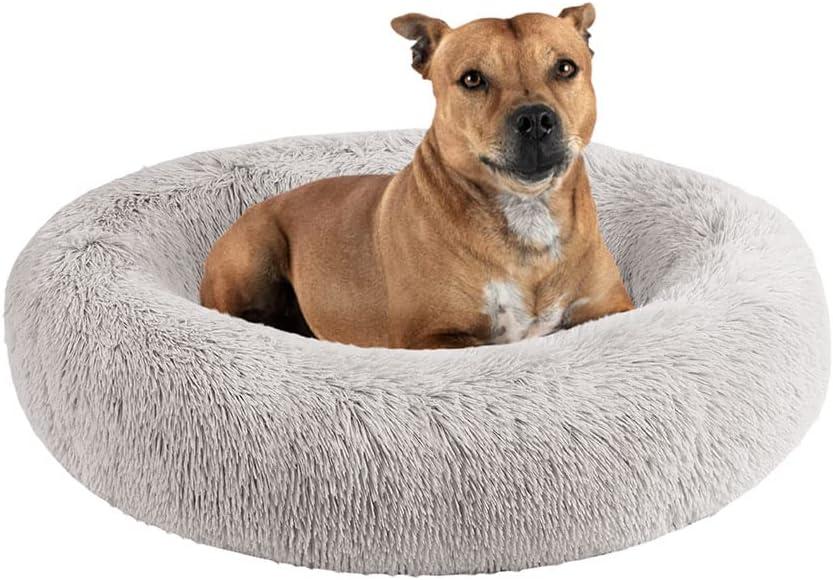 Friends Forever Serena Donut Memory Foam Orthopedic Dog Bed, Soft Faux Fur Oval Cat Couch For Indoor Pet, Fluffy Calming Plush Shag, Round Raised Bolster Cushion, Machine Washable Cuddler, Grey (Large (36"x27"x7.5"))