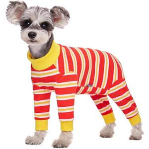 Dog Striped Recovery Suit, Puppy After Surgery Onesie, Long Sleeve Pajamas Bodysuit, Surgery Abdominal Wound Bandages Clothes, Dog Pant for Shedding Skin Disease, Red Large