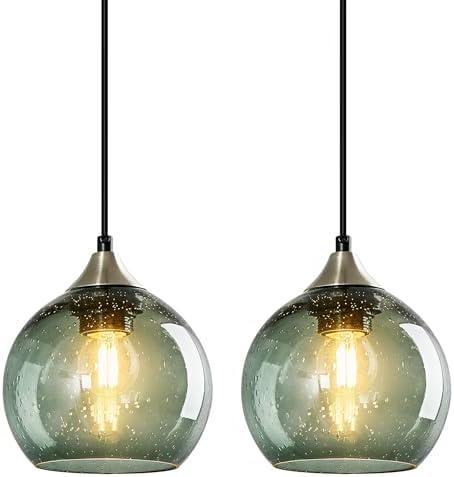 LBSQJ Gray Green Glass Pendant Lights Kitchen Island Lighting Globe Pendant Light Fixtures Modern Pendant Lighting for Kitchen Island Bedroom Living Dining Room Light Fixture(5.9in, 2-Pack)