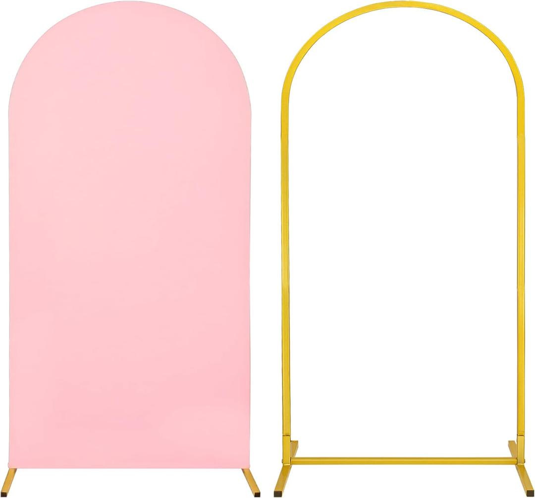Metal Arch Stand and Cover Set,1 Pink Spandex Fitted Backdrop with 1 Gold Wedding Arched Stand Frame for Parties Birthday Baby Shower Bridal Banquet Decoration (6.6FT)